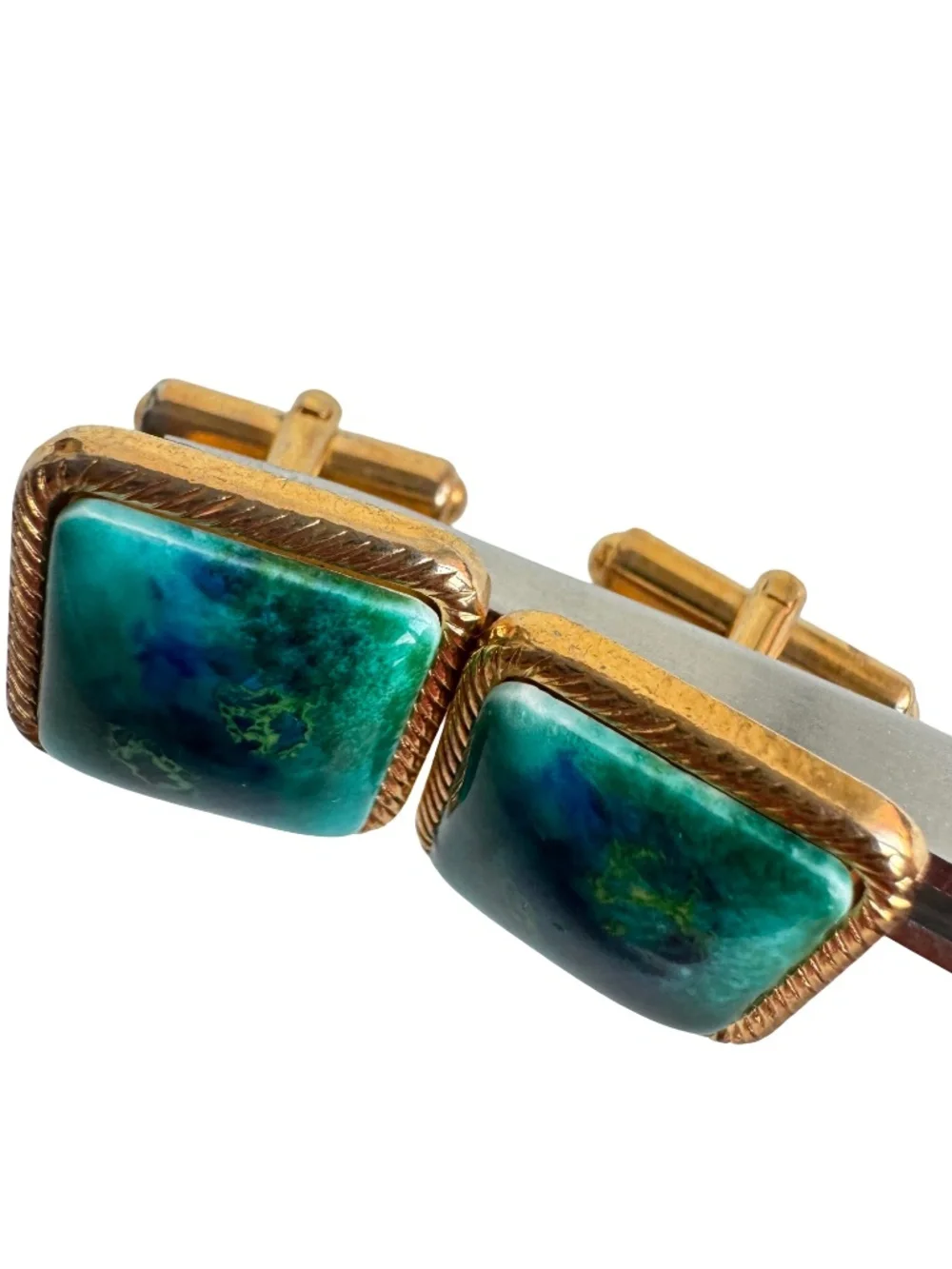 Vintage Japanese Cloisonne Cufflinks Green Blue Enamel Square Gold Tone Formal